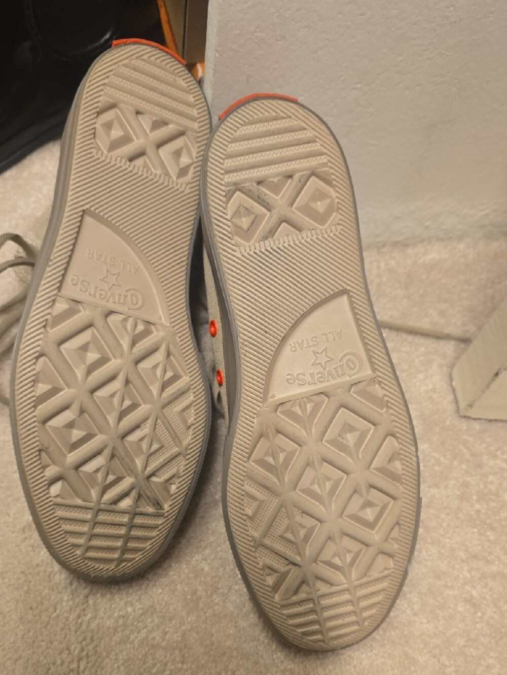 Unisex Neutral Tan/Taupe High-Top Converse Sneakers with Orange Lining - Picture 12 of 12